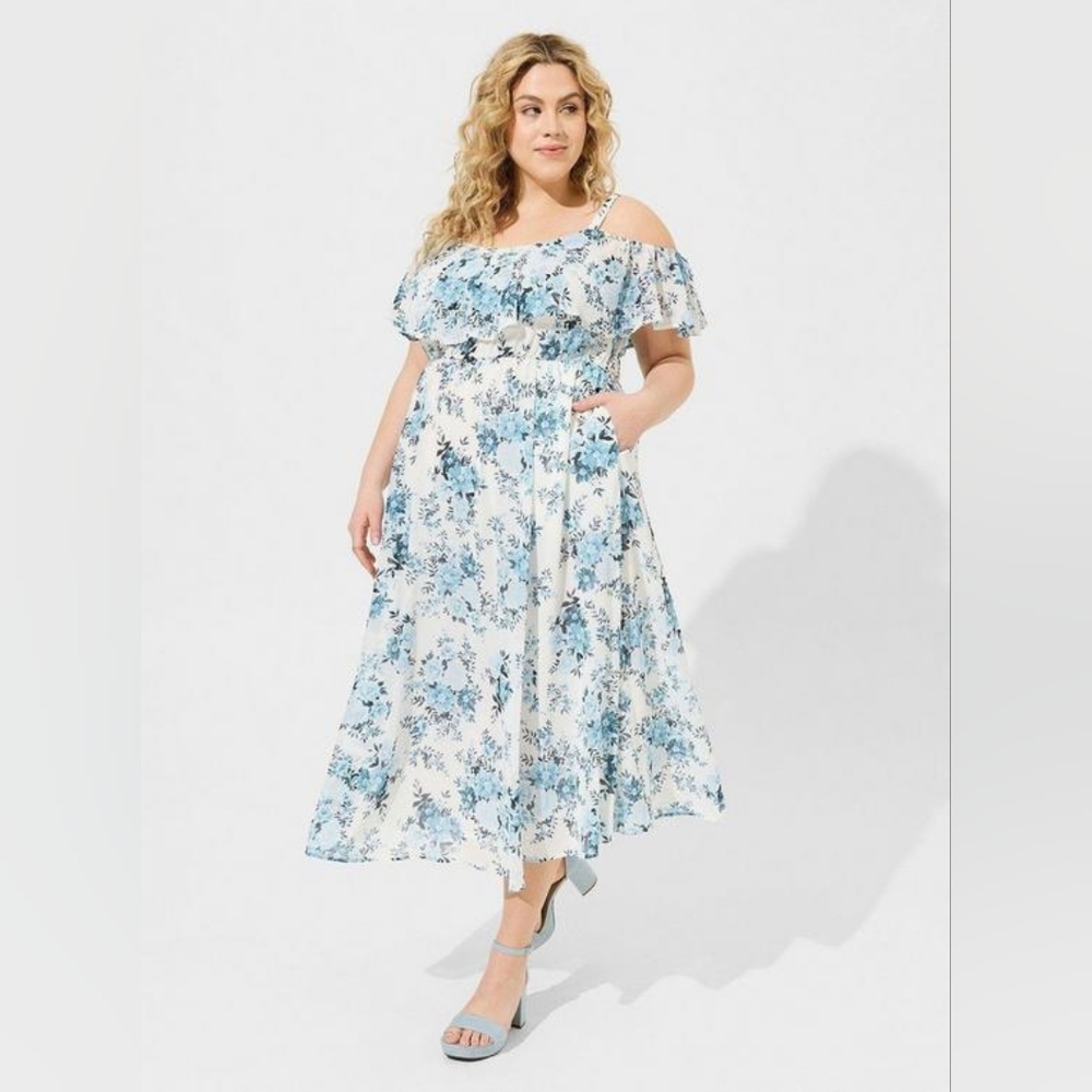 Torrid Tea Length Chiffon Cold Shoulder A-Line Dress